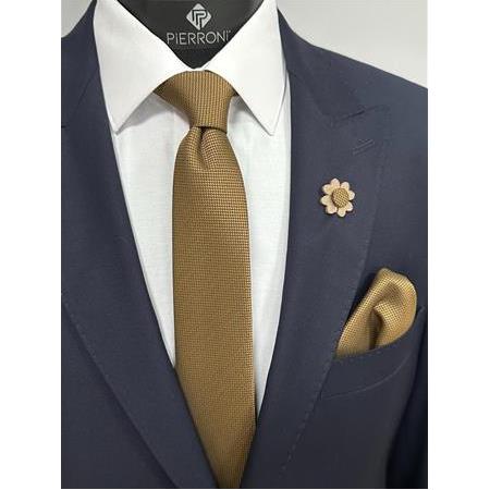 Gold Kravat Mendil Yaka Çiçeği Kombin Set