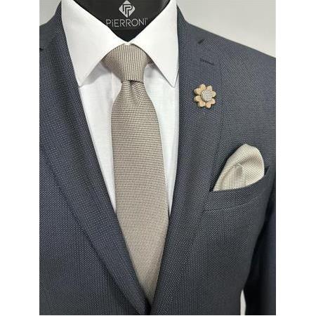 Bej Kravat Mendil Yaka Çiçeği Kombin Set