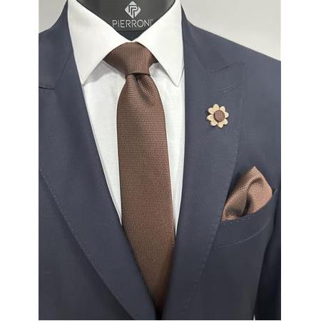 Kahve Kravat Mendil Yaka Çiçeği Kombin Set