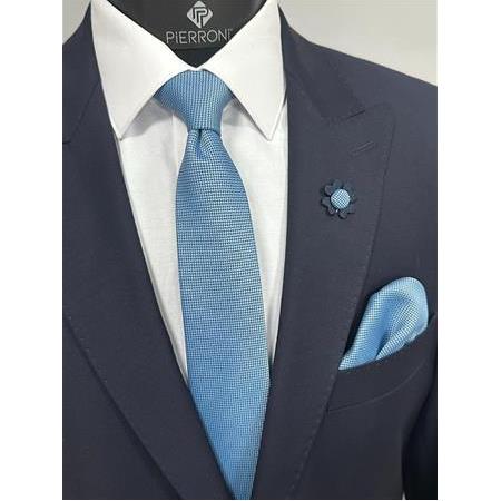 Mavi Kravat Mendil Yaka Çiçeği Kombin Set