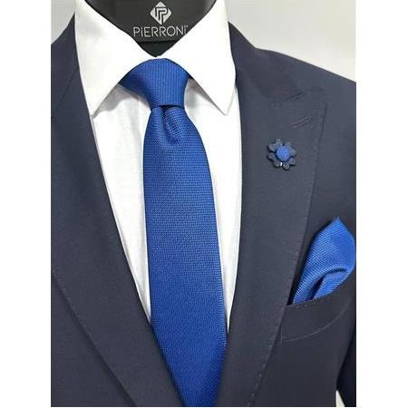 Saks Mavi Kravat Mendil Yaka Çiçeği Kombin Set