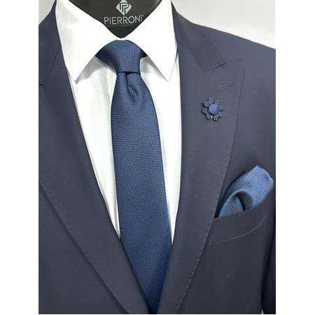 Lacivert Kravat Mendil Yaka Çiçeği Kombin Set