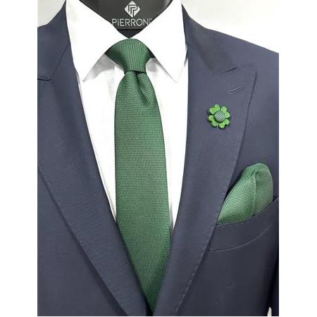 Yeşil Kravat Mendil Yaka Çiçeği Kombin Set