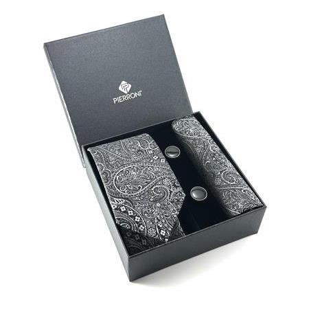 Siyah Gri Şal Desenli Kravat Mendil Kol Düğmesi Özel Set