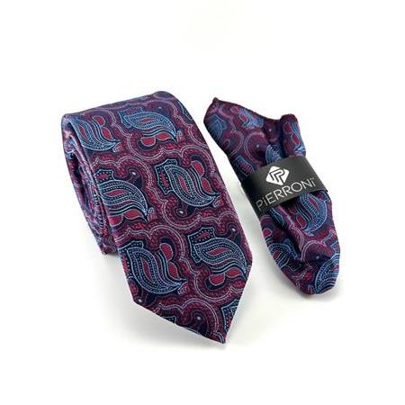 Bordo Mavi Desenli Mendilli Kravat