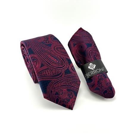 Lacivert Bordo Şal Desenli Mendilli Kravat P0454