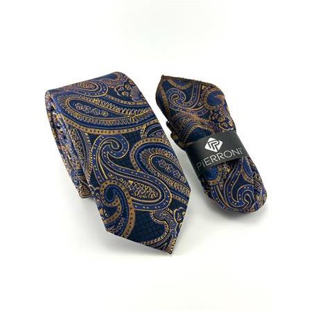 Lacivert Gold Şal Desenli Mendilli Kravat