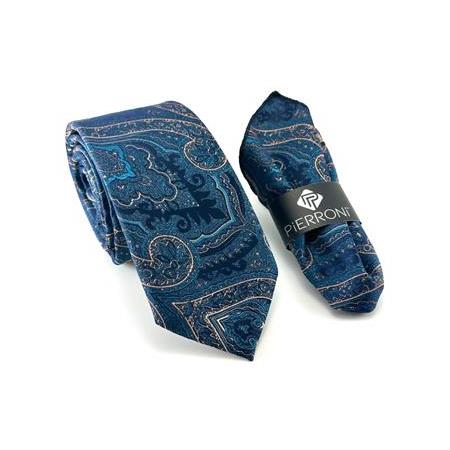 Turkuaz Vizon Şal Desenli Mendilli Kravat