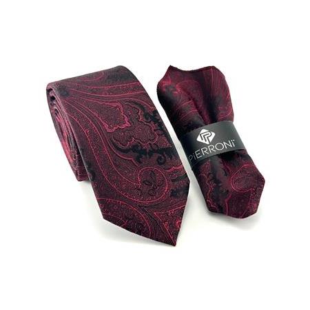 Siyah Bordo Şal Desenli Mendilli Kravat