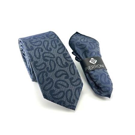 Gri Lacivert Şal Çizgi Desenli Mendilli Kravat