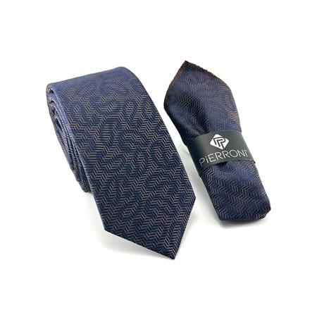 Kahve Lacivert Şal Çizgi Desenli Mendilli Kravat