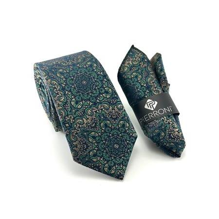 Yeşil Vizon Desenli Mendilli Kravat