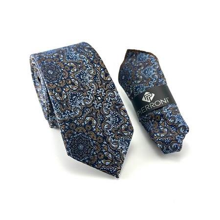 Mavi Kahve Desenli Mendilli Kravat