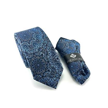 Mavi Gri Desenli Mendilli Kravat