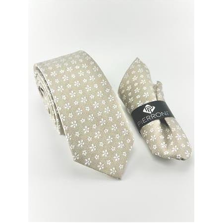 Bej Beyaz Desenli Mendilli Kravat