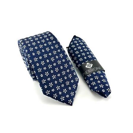 Lacivert Beyaz Desenli Mendilli Kravat