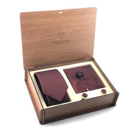 Kiremit Siyah Renk Kravat 4'Lü Özel Kombin Ahşap Kutulu Set