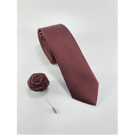 Bordo Düz Armür Desen Yaka İğneli SET Kravat