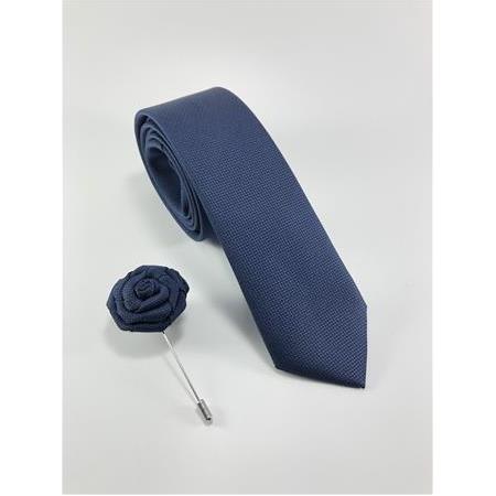 Lacivert Düz Armür Desen Yaka İğneli SET Kravat