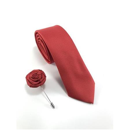 Kırmızı Düz Armür Desen Yaka İğneli SET Kravat