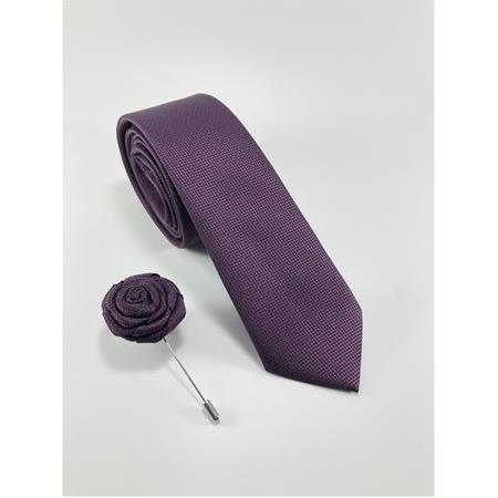 Mürdüm Düz Armür Desen Yaka İğneli SET Kravat