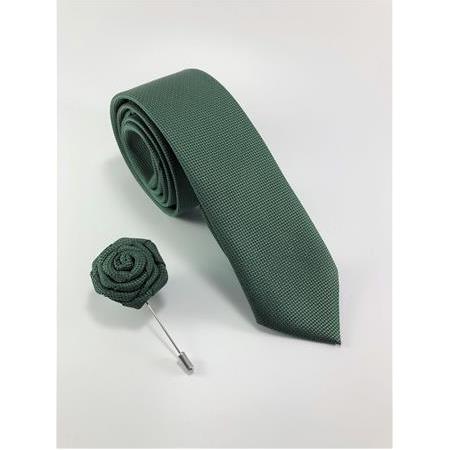 Yeşil Düz Armür Desen Yaka İğneli SET Kravat
