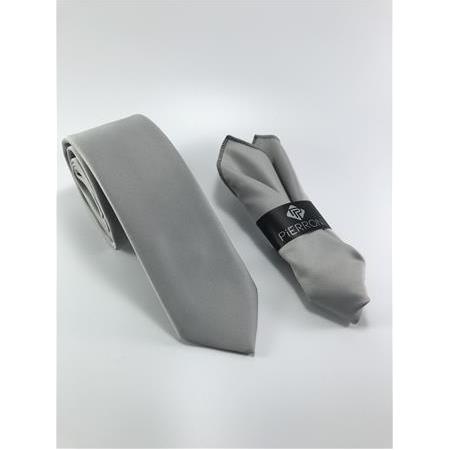 Gri Düz Renk Mendilli Kravat