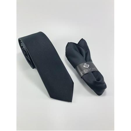 Siyah Düz Renk Mendilli Kravat