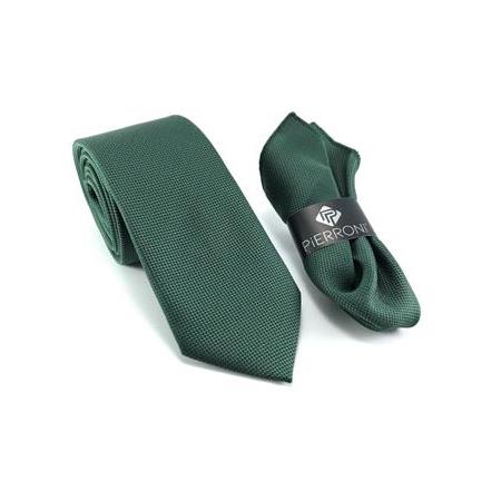 Yeşil Düz Oxford Desen Mendilli Kravat