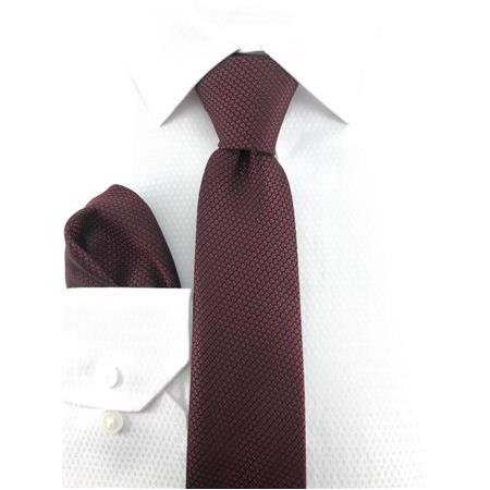 Kendinden Desenli Bordo Mendilli Kravat