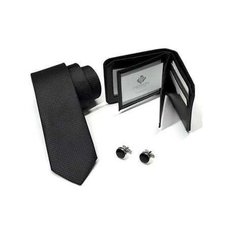 Siyah Desenli Kravat Kol Düğmesi Cüzdan Özel Ahşap Kutulu Set