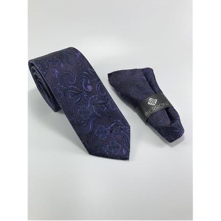 Lacivert Mor Şal Desen Mendilli Kravat