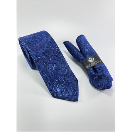 Mavi Şal Desen Mendilli Kravat