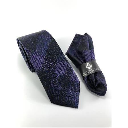 Siyah Mor Gölge Desen Mendilli Kravat