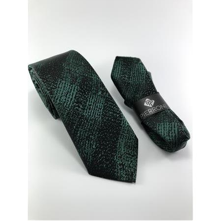 Siyah Yeşil Gölge Desen Mendilli Kravat