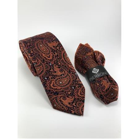 Oranj Şal Desen Mendilli Kravat