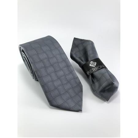 Gri Kare Desen Mendilli Kravat