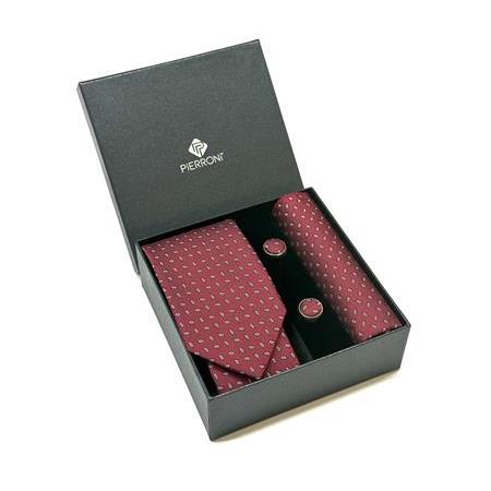 Bordo Beyaz Desenli Kravat Mendil Kol Düğmesi Özel Set