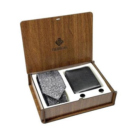 Gri Siyah Şal Desen Kravat Kol Düğmesi Cüzdan Özel Ahşap Kutu Set