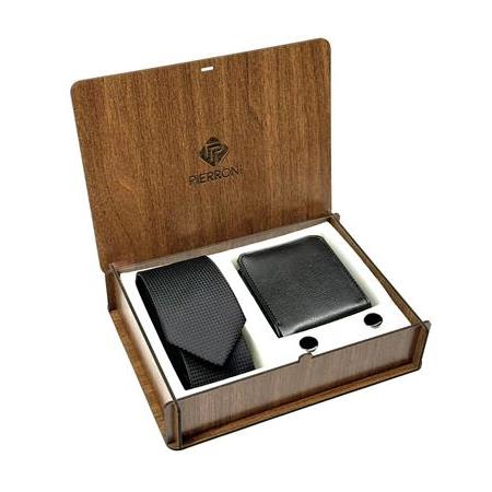 Siyah Desenli Kravat Kol Düğmesi Cüzdan Özel Ahşap Kutulu Set