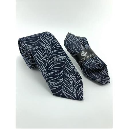 Lacivert Gri Desenli Mendilli Kravat