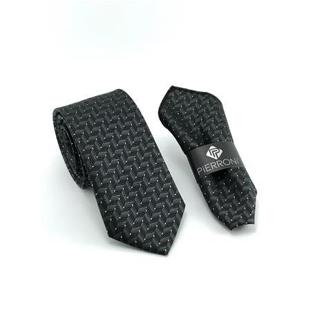 Siyah Füme Desenli Mendilli Kravat