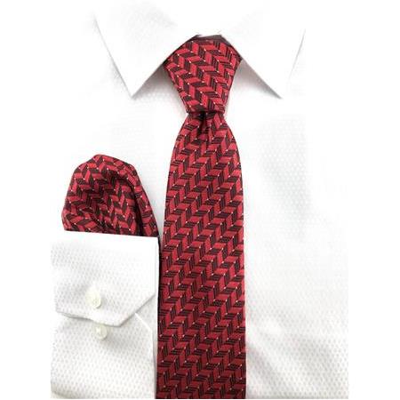 Kırmızı Siyah Desenli Mendilli Kravat