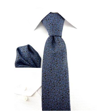 Kahve Mavi Desenli Mendilli Kravat