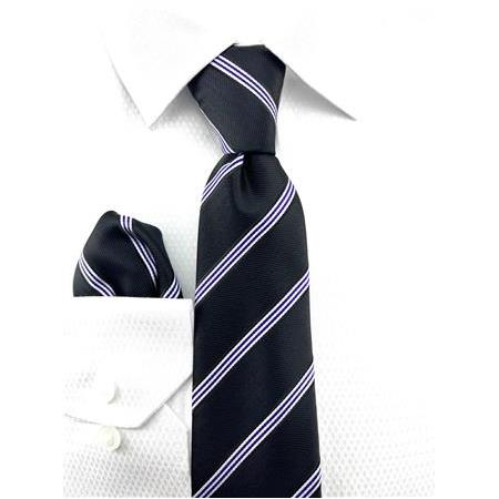 Siyah Çizgili Model Mendilli Kravat