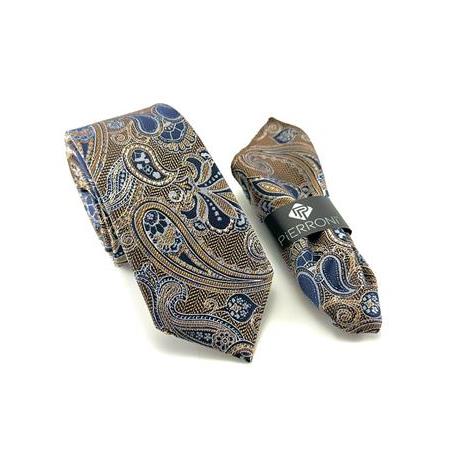 Gold Lacivert Şal Desenli Mendilli Kravat