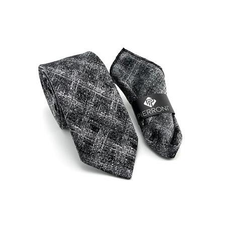PİERRONİ Gri Siyah Desenli Mendilli Kravat