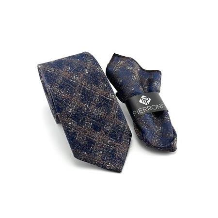 Lacivert Kahve Desenli Mendilli Kravat