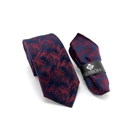 Lacivert Açık Bordo Desenli Mendilli Kravat