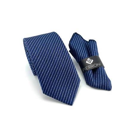 Lacivert Mavi Çizgili Mendilli Kravat